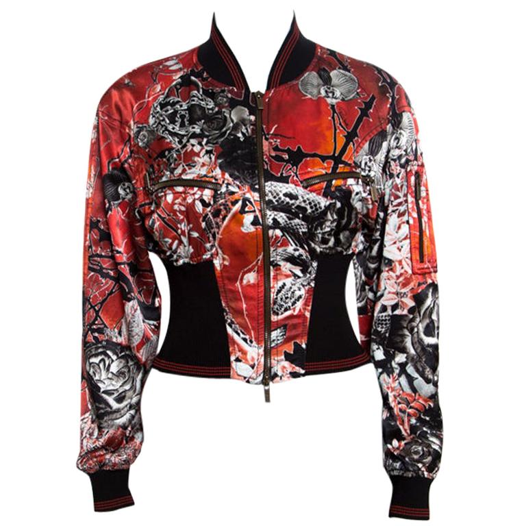 Roberto Cavalli Red Floral and Snake Printed Satin Bomber Jacket S