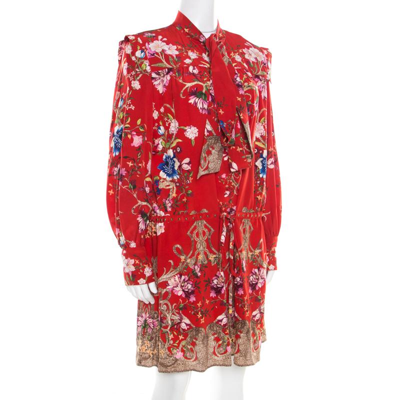 Roberto Cavalli Red Floral Foil Print Silk Crepe de Chine Dress M In Good Condition In Dubai, Al Qouz 2