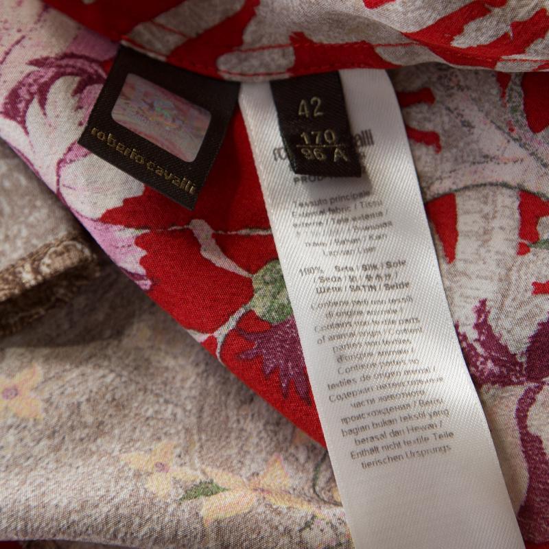Women's Roberto Cavalli Red Floral Foil Print Silk Crepe de Chine Dress M
