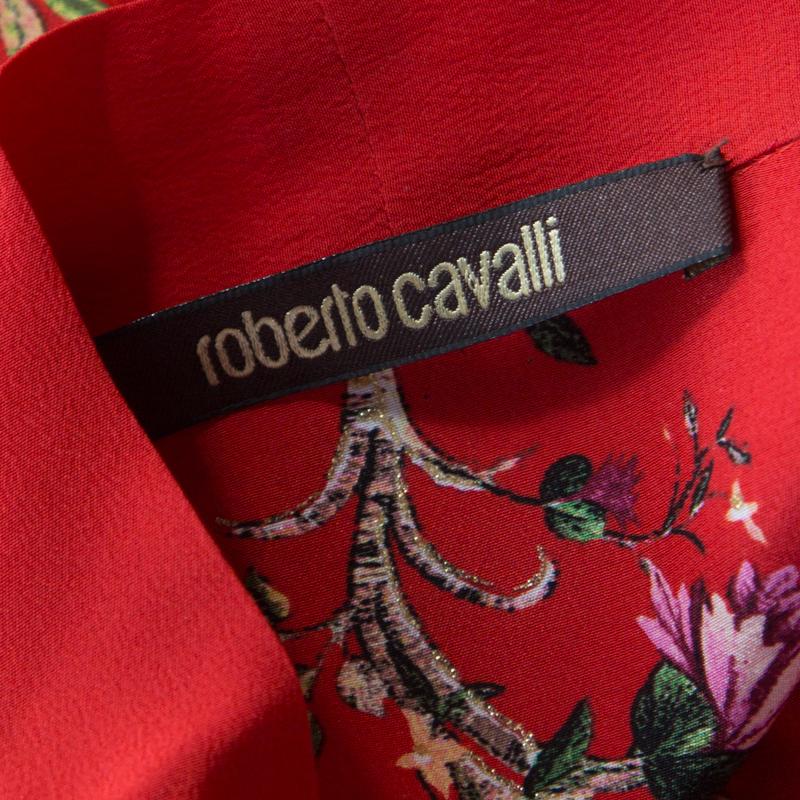 Roberto Cavalli Red Floral Foil Print Silk Crepe de Chine Dress M 1