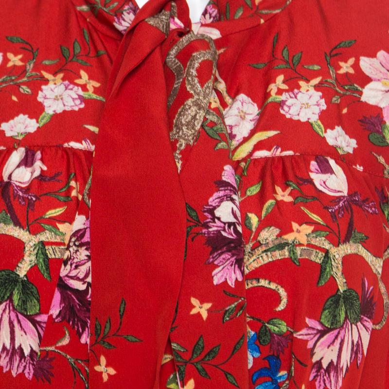 Roberto Cavalli Red Floral Foil Print Silk Crepe de Chine Dress M 2