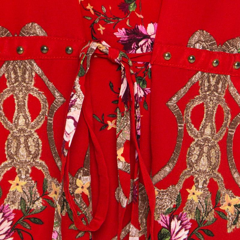 Roberto Cavalli Red Floral Foil Print Silk Crepe de Chine Dress M 3