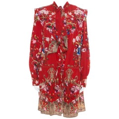 Roberto Cavalli Red Floral Foil Print Silk Crepe de Chine Dress M