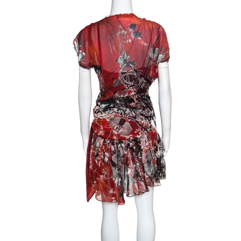 Roberto Cavalli Red Floral Printed Faux Wrap Draped Asymmetric Dress S ...