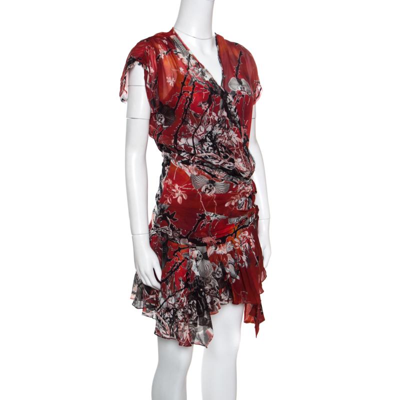 Brown Roberto Cavalli Red Floral Printed Faux Wrap Draped Asymmetric Dress S