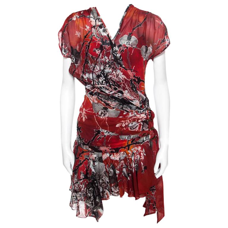 Roberto Cavalli Red Floral Printed Faux Wrap Draped Asymmetric Dress S