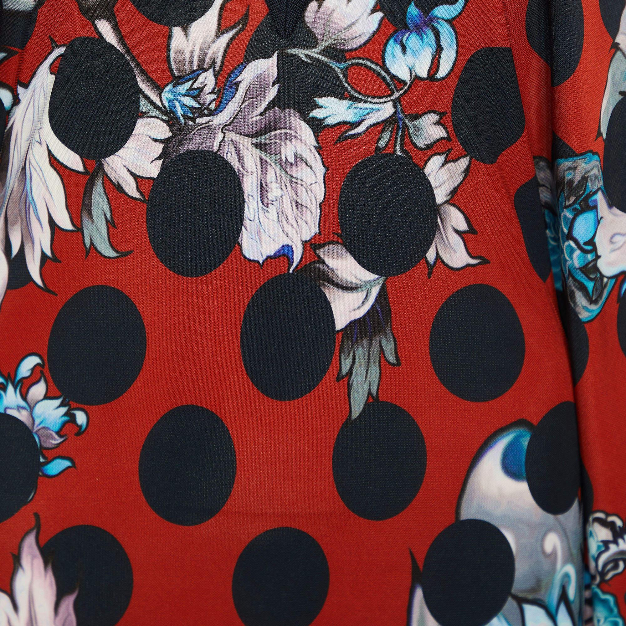 Black Roberto Cavalli Red Floral Printed Jersey & Knit Trim Mini Dress M For Sale