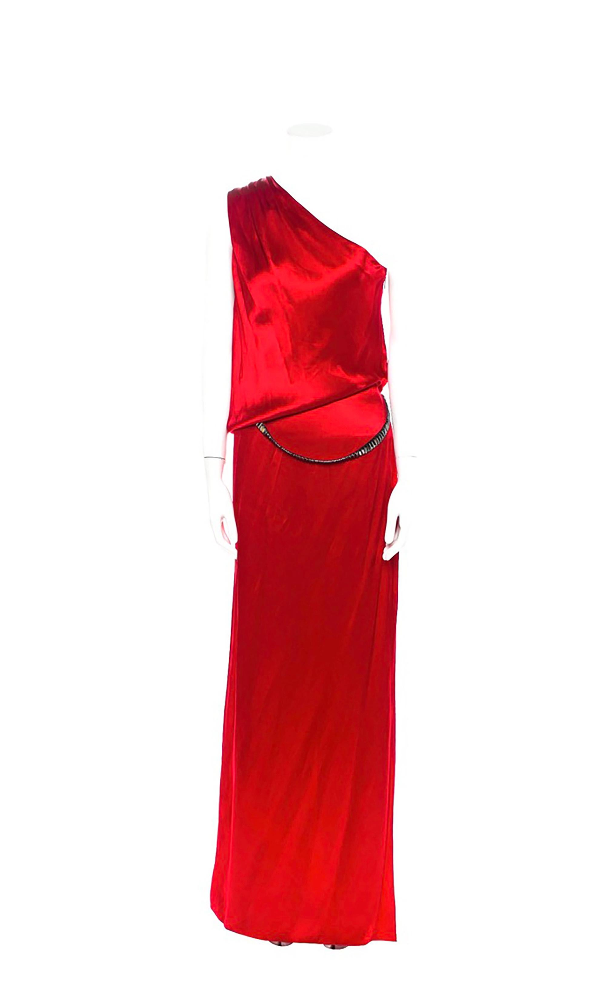 one shoulder red gown
