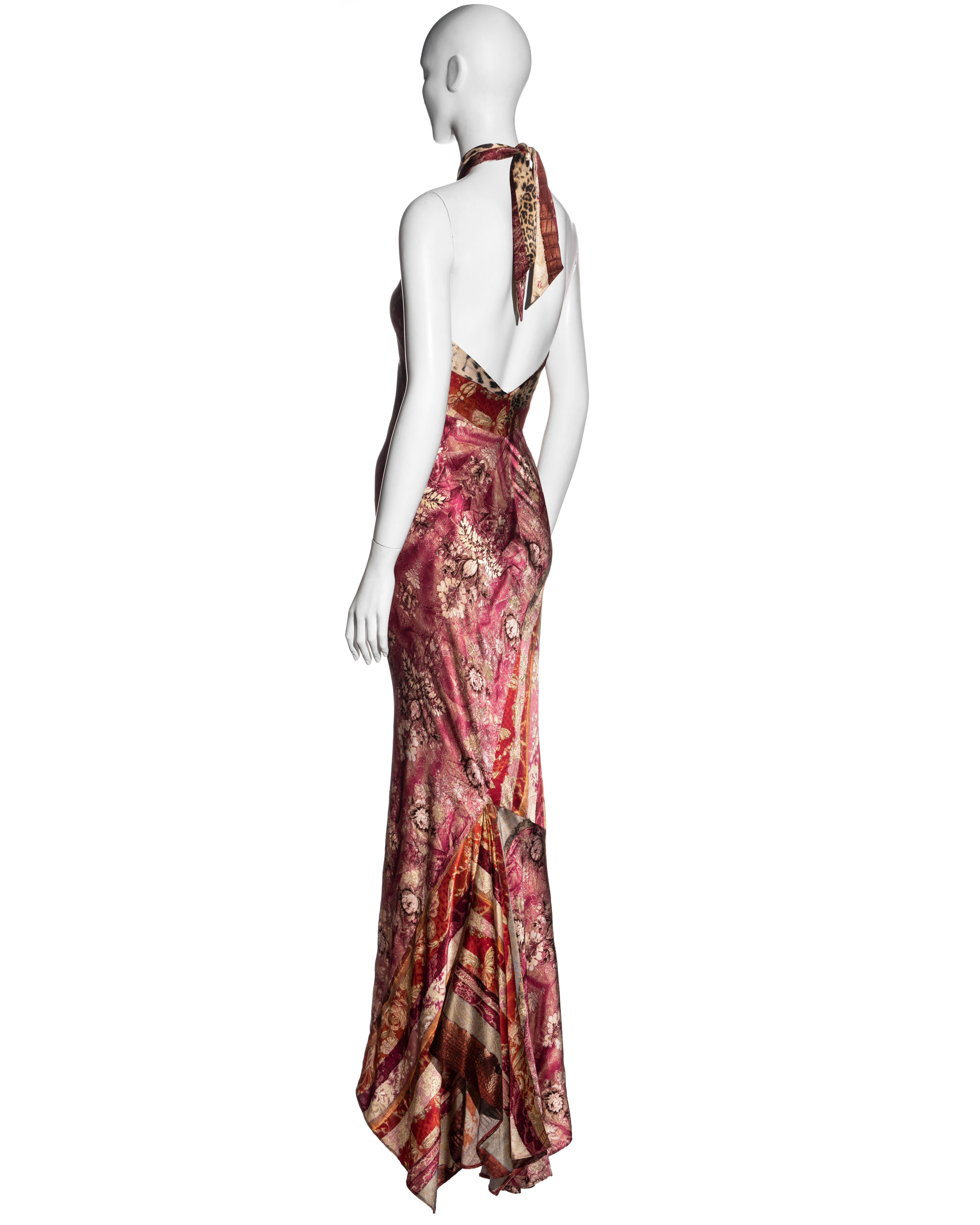 Roberto Cavalli Rotes, rosafarbenes und goldenes Maxikleid aus Seide mit schrägem Halsausschnitt, fw 2004 5