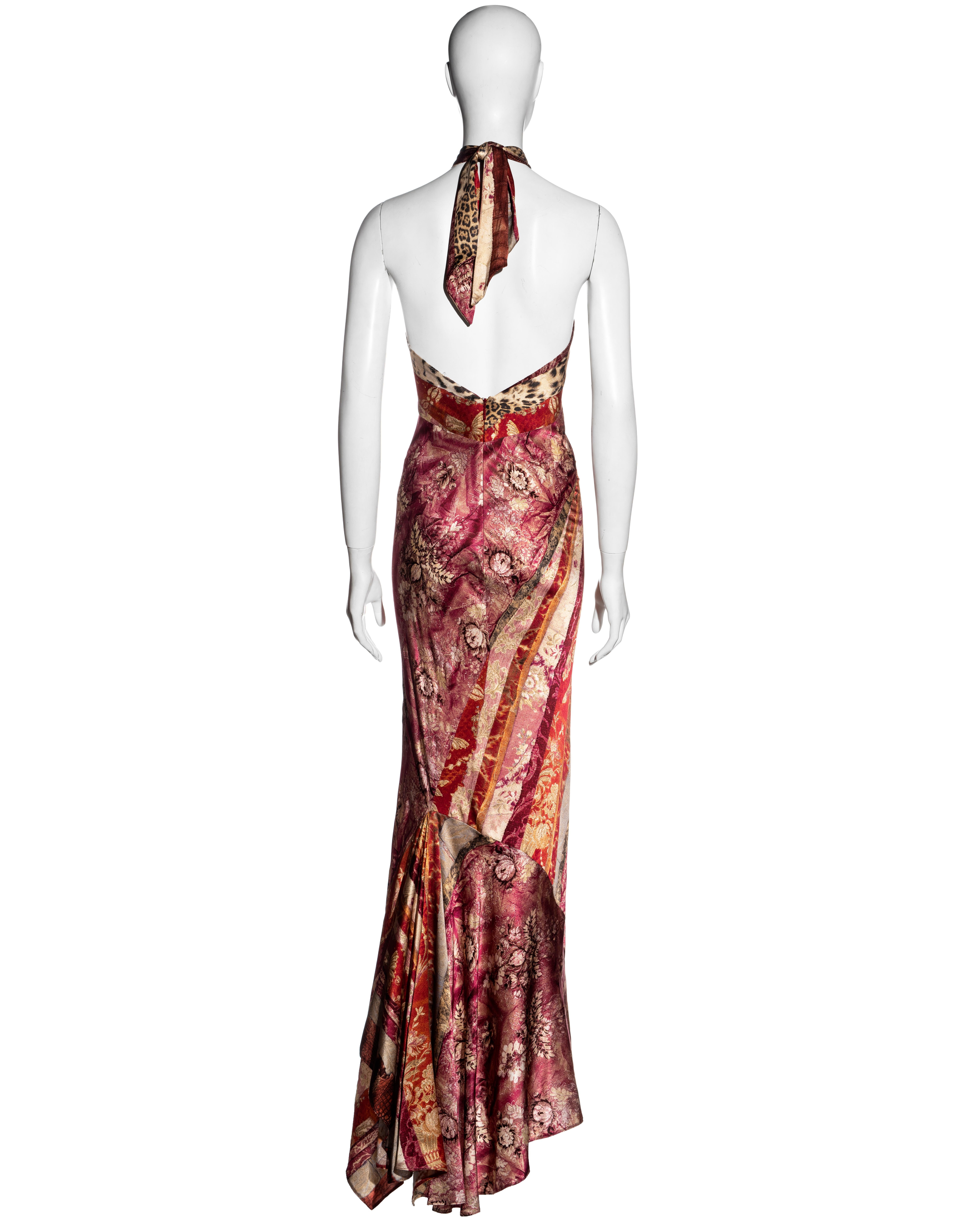 Roberto Cavalli Rotes, rosafarbenes und goldenes Maxikleid aus Seide mit schrägem Halsausschnitt, fw 2004 7