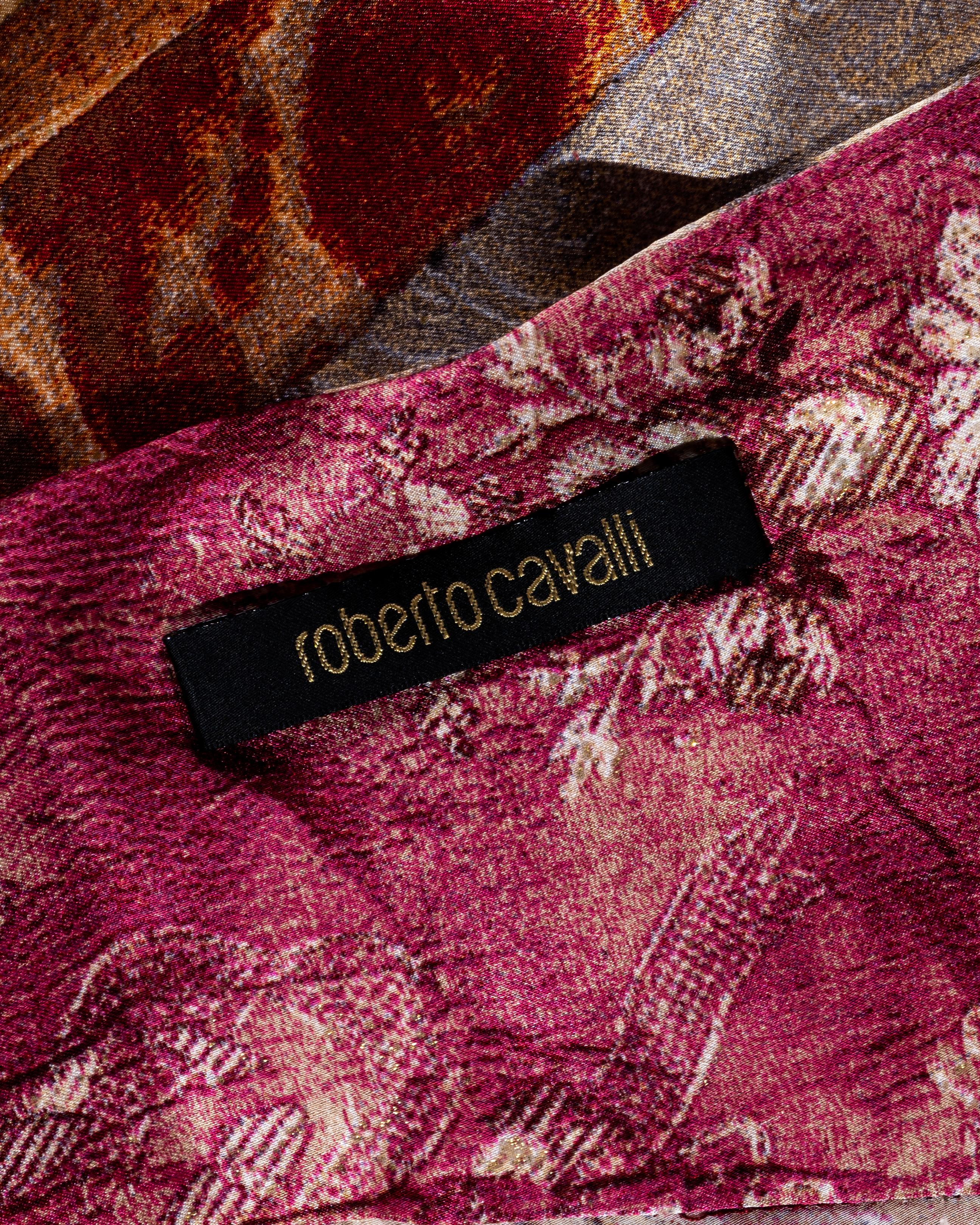 Roberto Cavalli Rotes, rosafarbenes und goldenes Maxikleid aus Seide mit schrägem Halsausschnitt, fw 2004 8