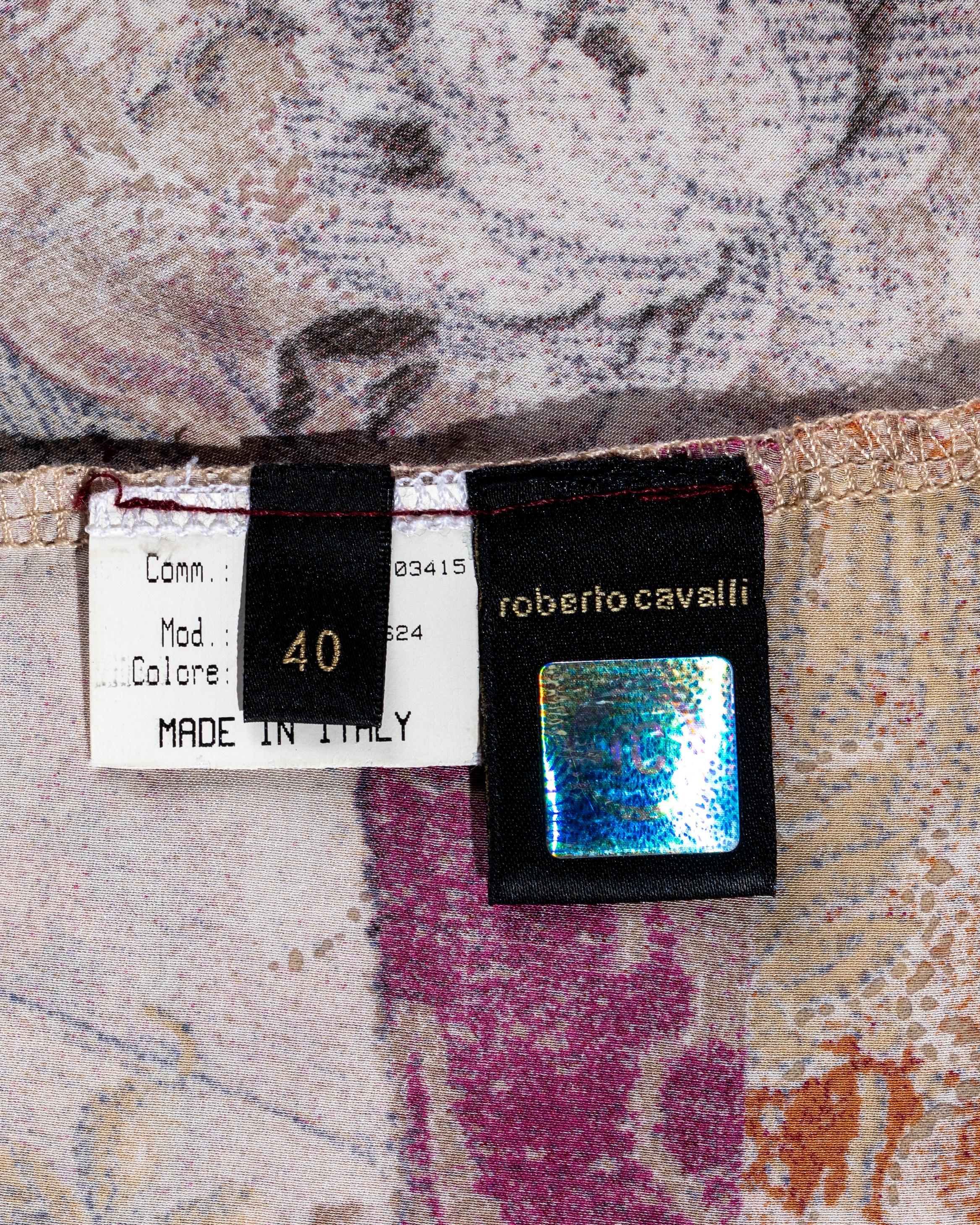 Roberto Cavalli Rotes, rosafarbenes und goldenes Maxikleid aus Seide mit schrägem Halsausschnitt, fw 2004 9