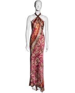 Roberto Cavalli red, pink and gold bias-cut silk halter-neck maxi dress, fw 2004