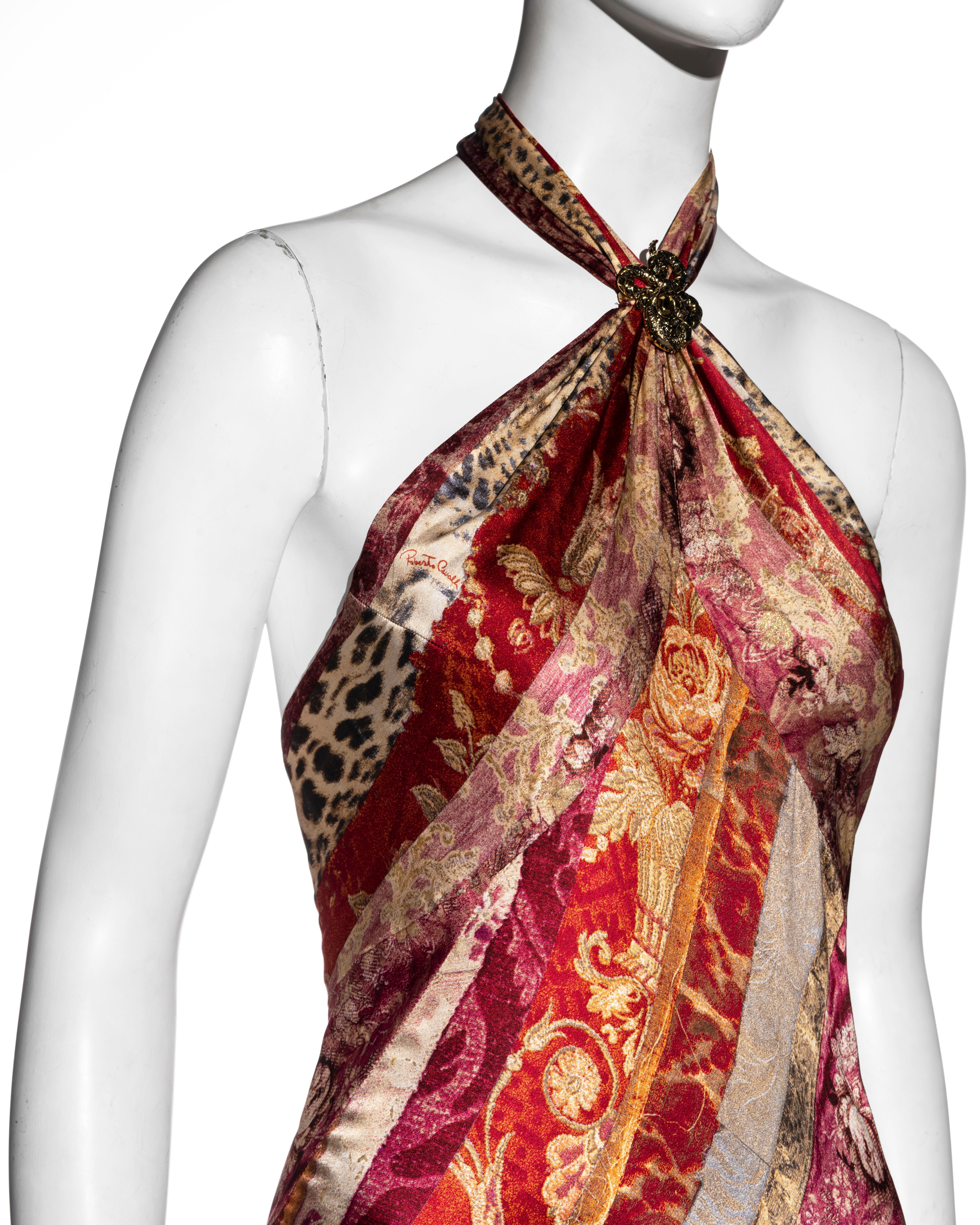 Roberto Cavalli Rotes, rosafarbenes und goldenes Maxikleid aus Seide mit schrägem Halsausschnitt, fw 2004 Damen