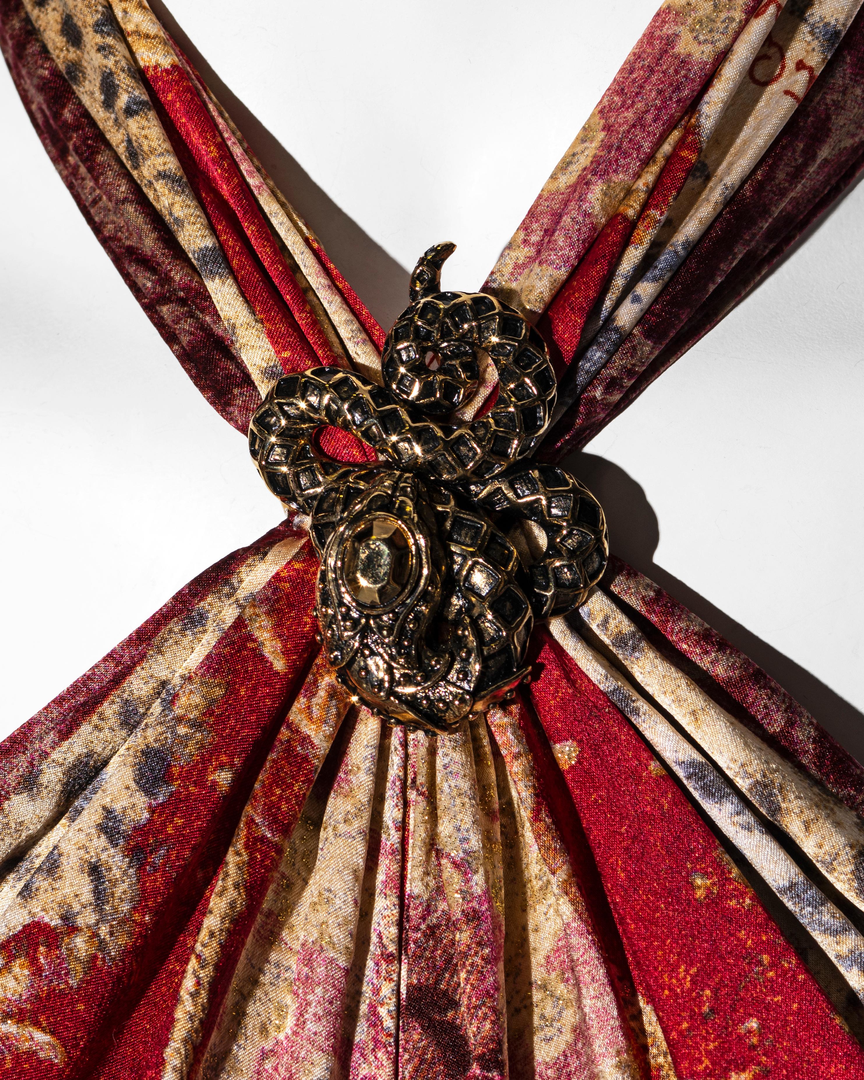 Roberto Cavalli Rotes, rosafarbenes und goldenes Maxikleid aus Seide mit schrägem Halsausschnitt, fw 2004 2