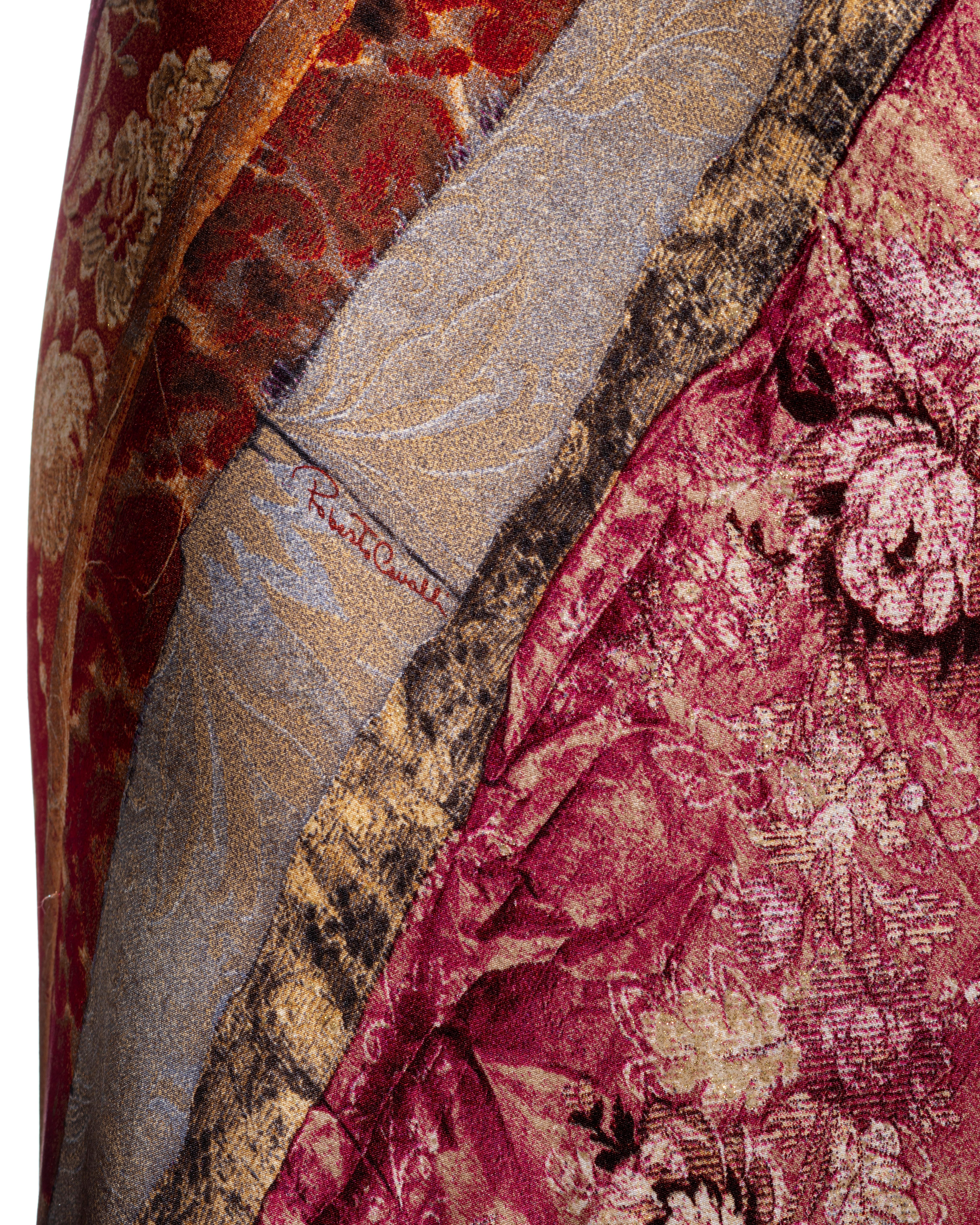 Roberto Cavalli Rotes, rosafarbenes und goldenes Maxikleid aus Seide mit schrägem Halsausschnitt, fw 2004 3