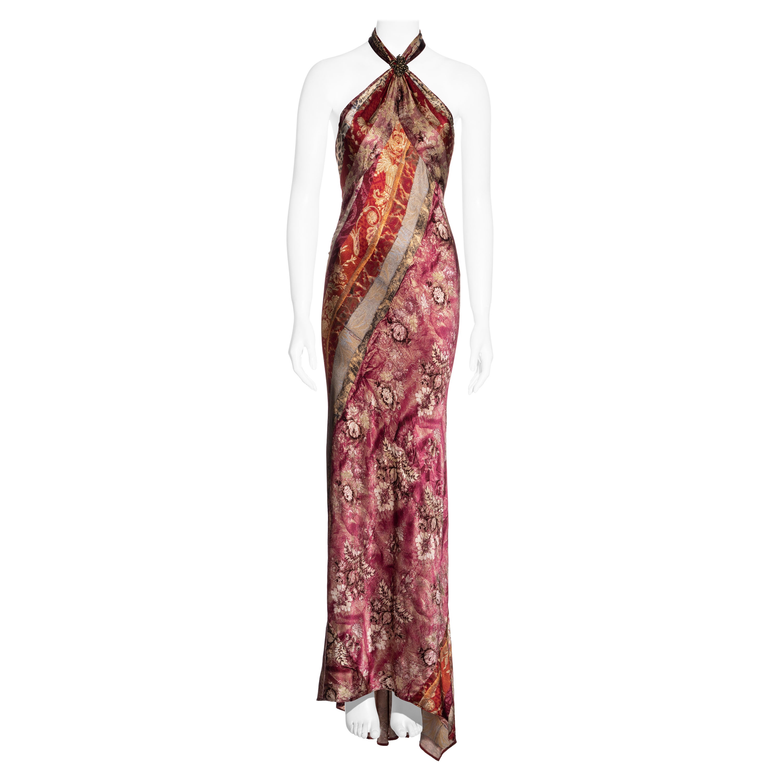 Roberto Cavalli Rotes, rosafarbenes und goldenes Maxikleid aus Seide mit schrägem Halsausschnitt, fw 2004