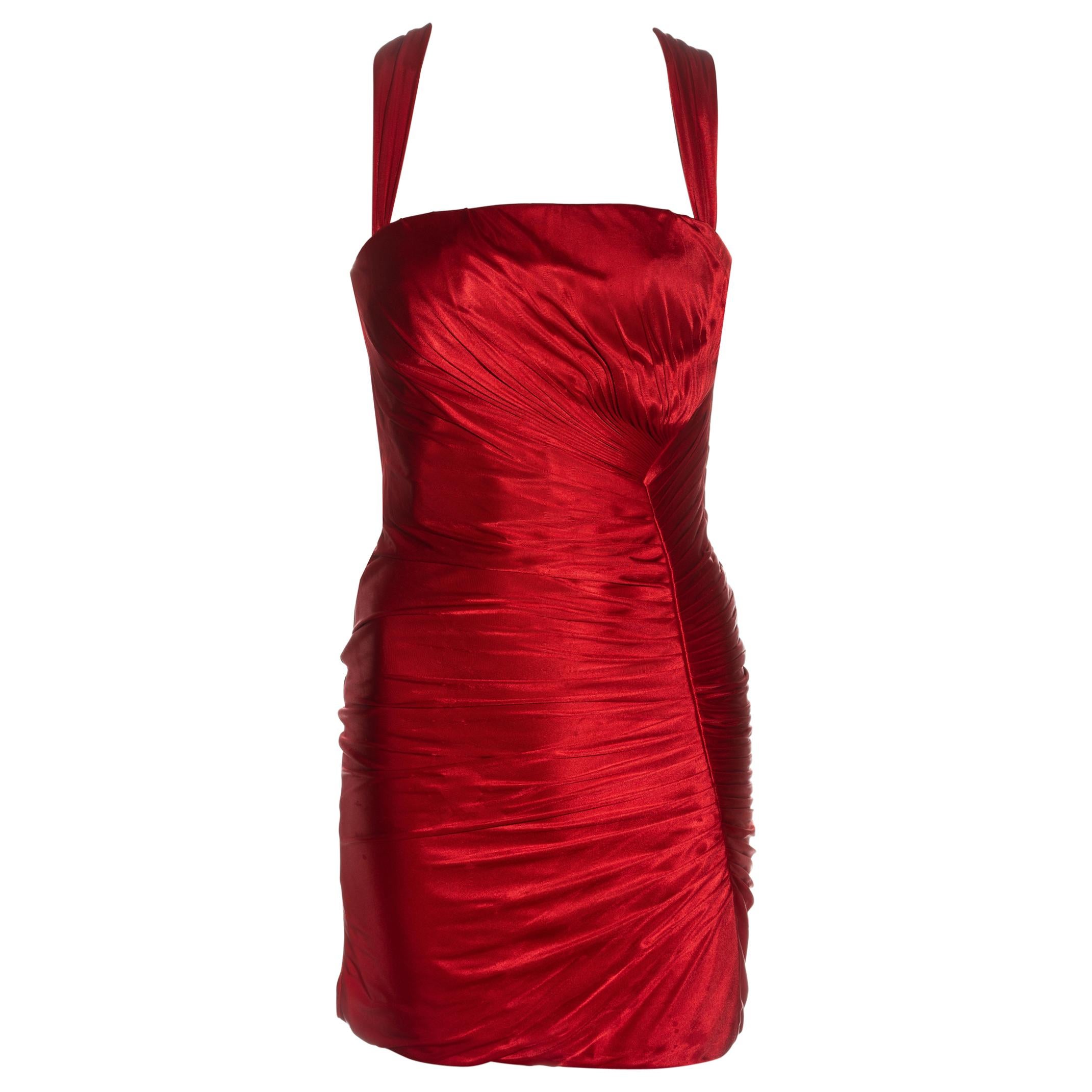 Roberto Cavalli red pleated viscose evening mini dress, c. 2000s