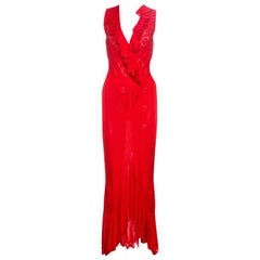 Roberto Cavalli Red Pointelle Knit Ruffle Trim Maxi Dress S