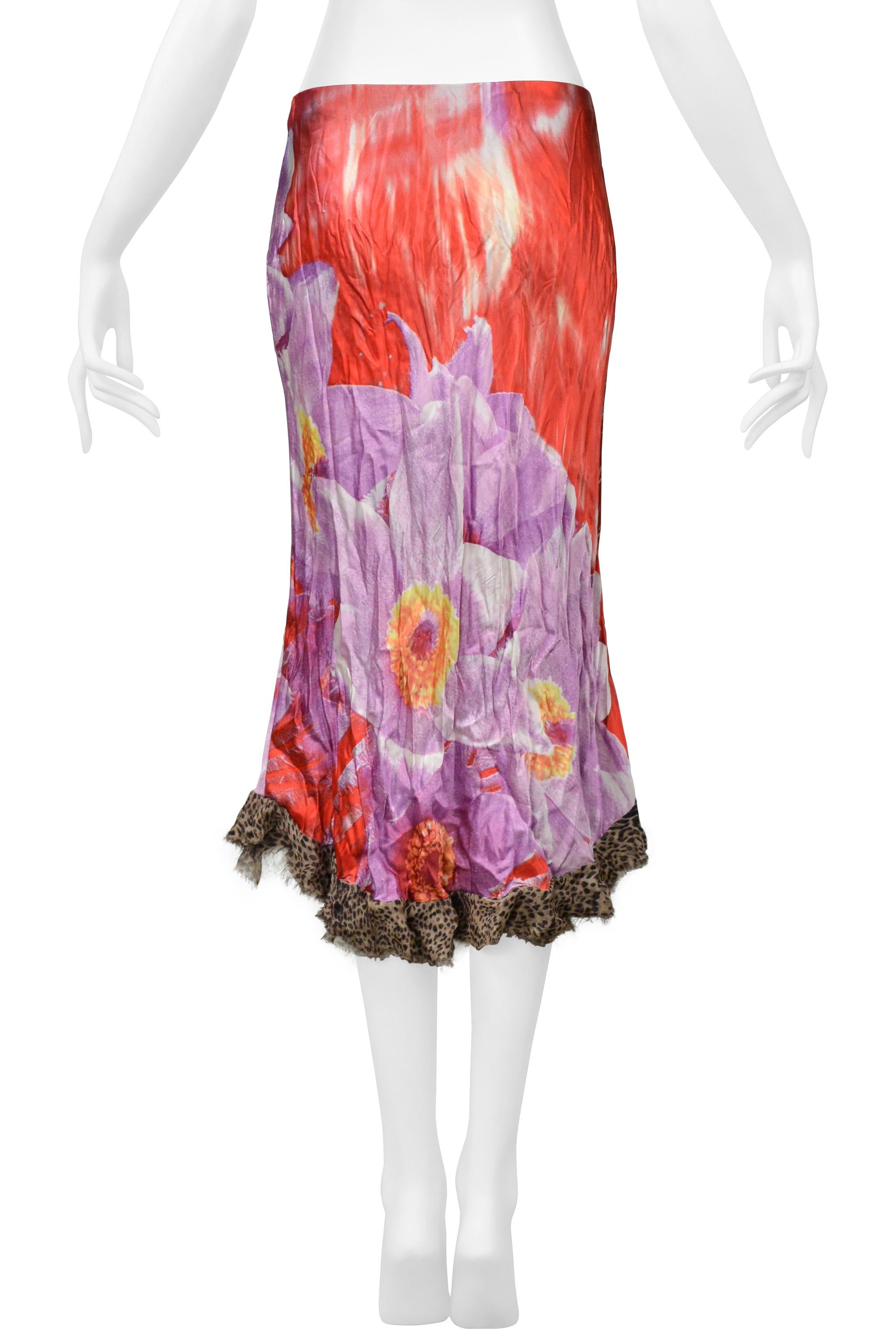 Roberto Cavalli Red & Purple Leopard & Floral 2 Piece Skirt And Top In Excellent Condition In Los Angeles, CA