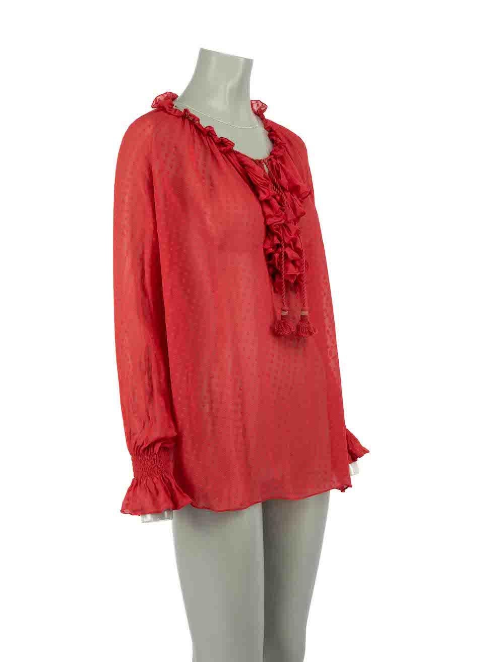 CONDITION is Very good. Minimal wear to top is evident. Minimal wear to with the composition label having been removed on this used Roberto Cavalli designer resale item.
 
 Details
 Red
 Silk
 Blouse
 Dotted pattern
 Sheer
 Ruffle detail
 Long