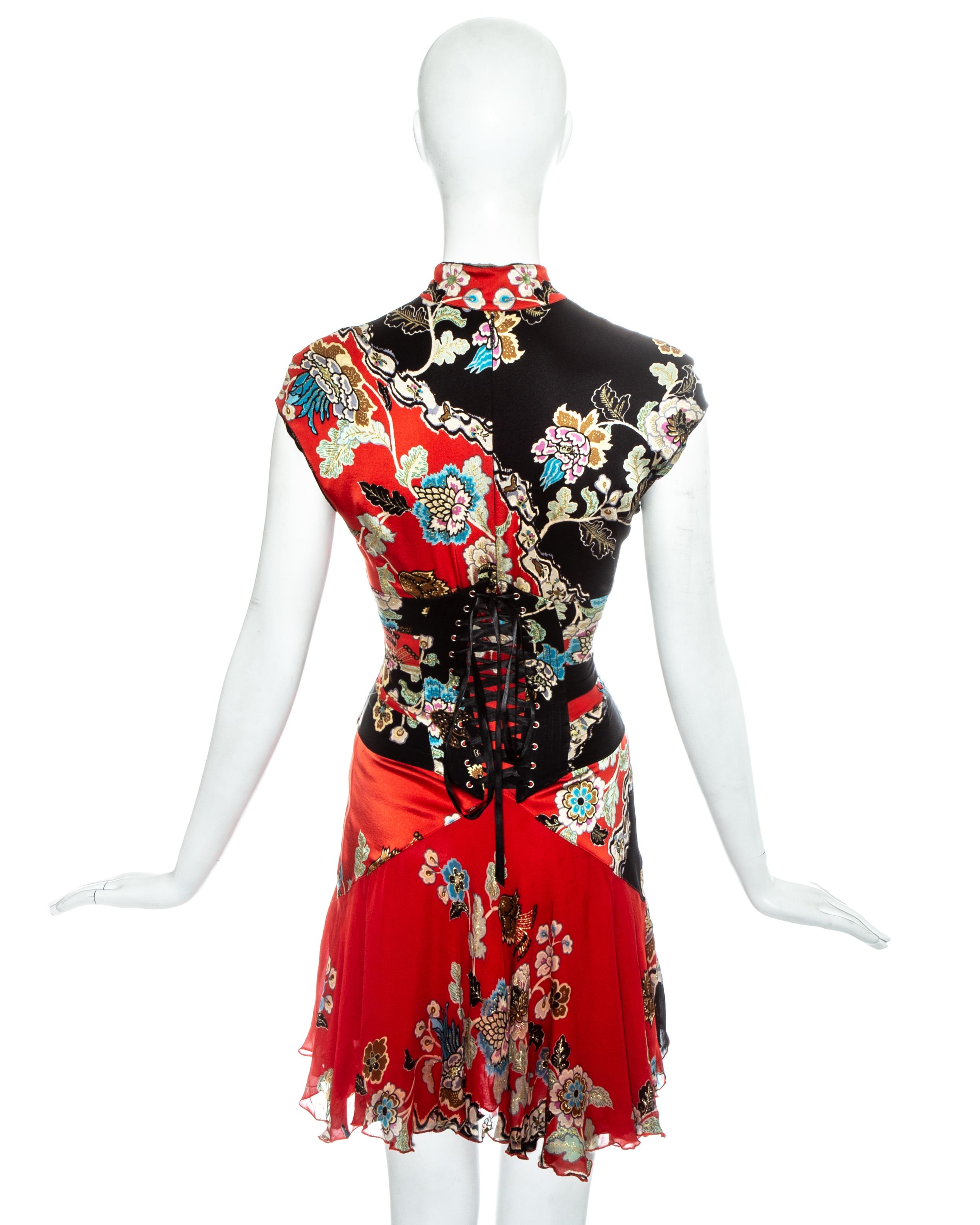 Roberto Cavalli red silk Cheongsam style mini dress and corset, ss 2003 In Excellent Condition In London, GB