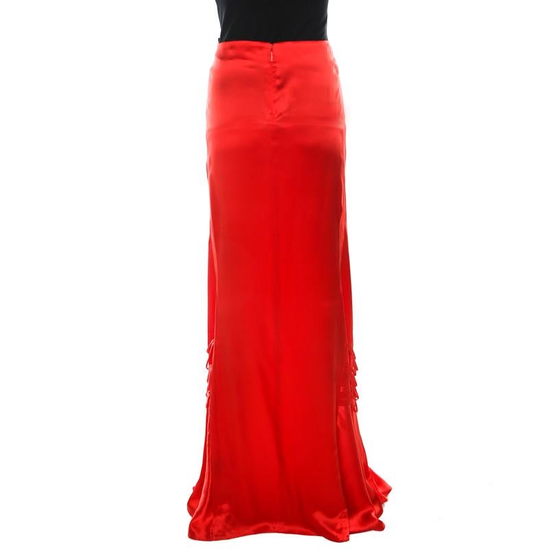 Roberto Cavalli Red Silk Satin Flared Maxi Skirt S In Good Condition In Dubai, Al Qouz 2