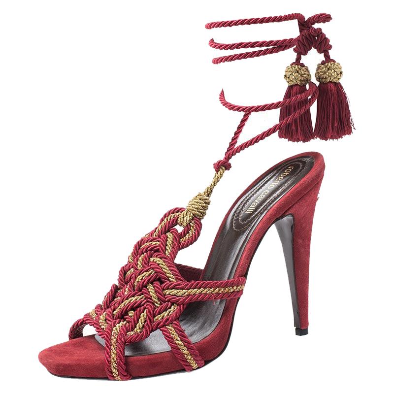 Roberto Cavalli Red Woven Fabric Gladiator Ankle Wrap Sandals Size 40