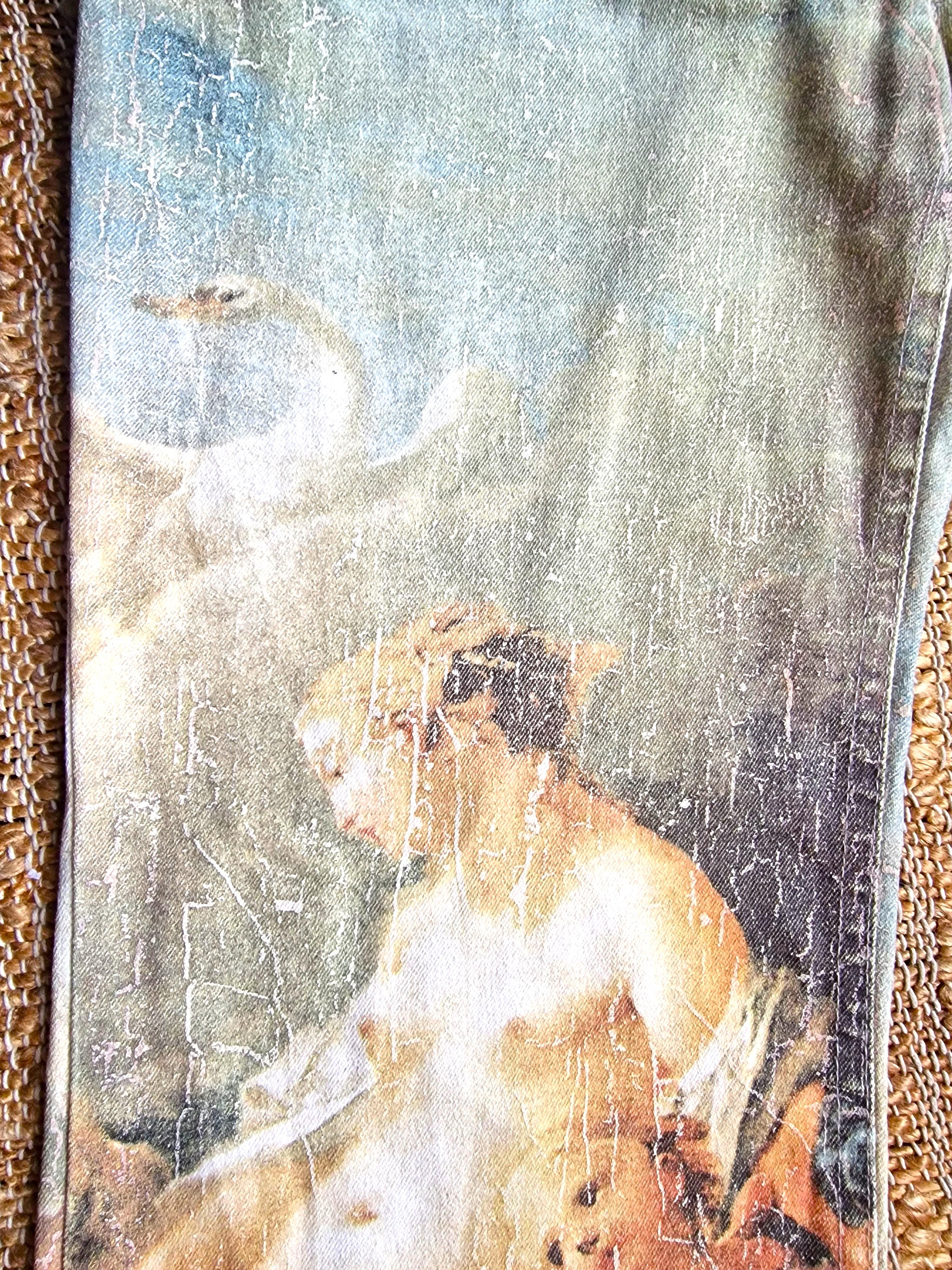 Roberto Cavalli Renaissance Painting Putto Angel Amour Tattoo Men Medium Pants  For Sale 2