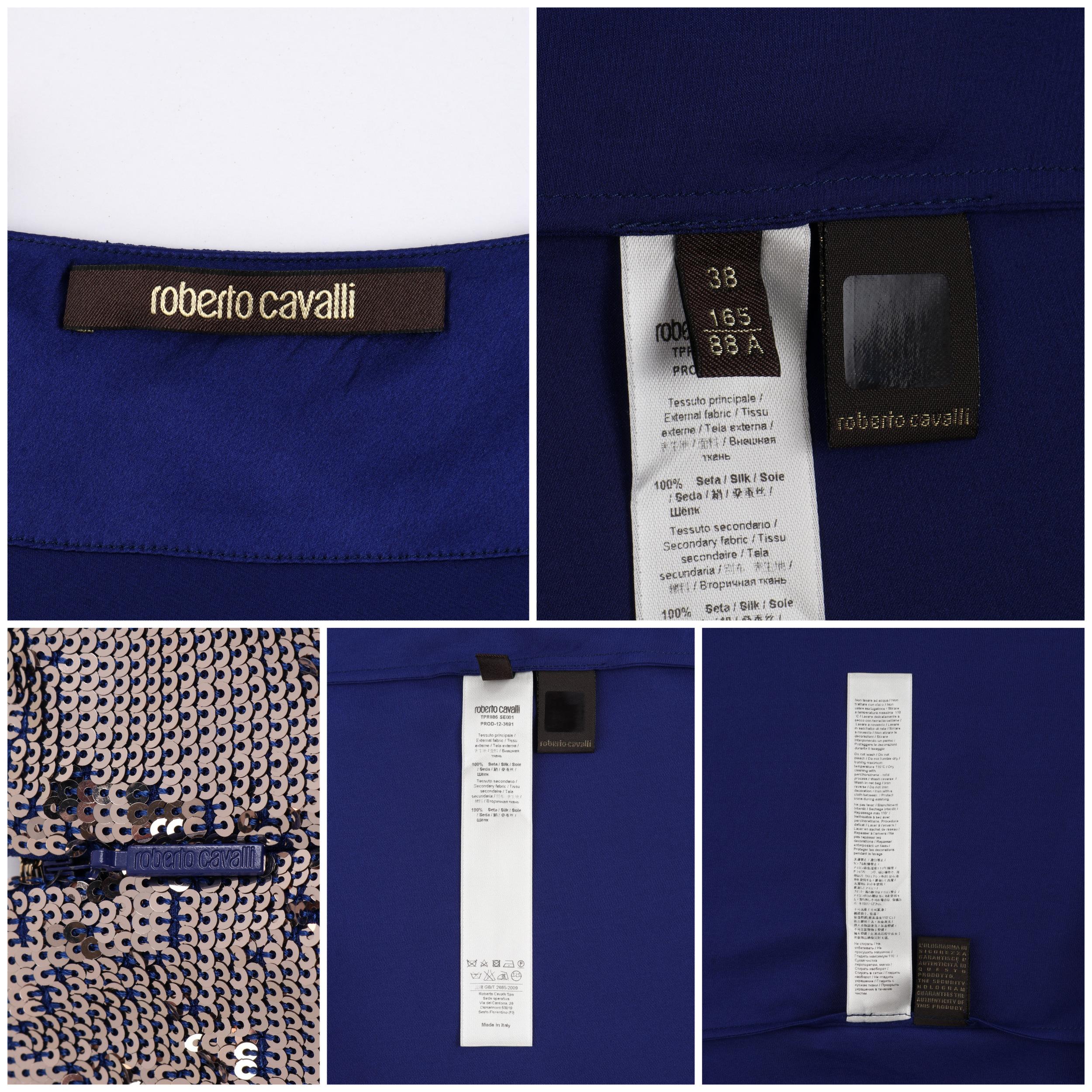 ROBERTO CAVALLI Resort 2010 Mini vestido drapeado de un hombro de lentejuelas plateadas azules 1