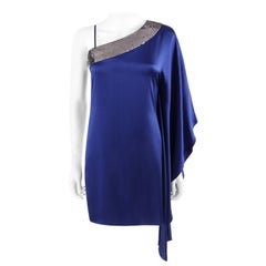 ROBERTO CAVALLI Resort 2010 Blue Silver Sequin Draped One Shoulder Mini Dress