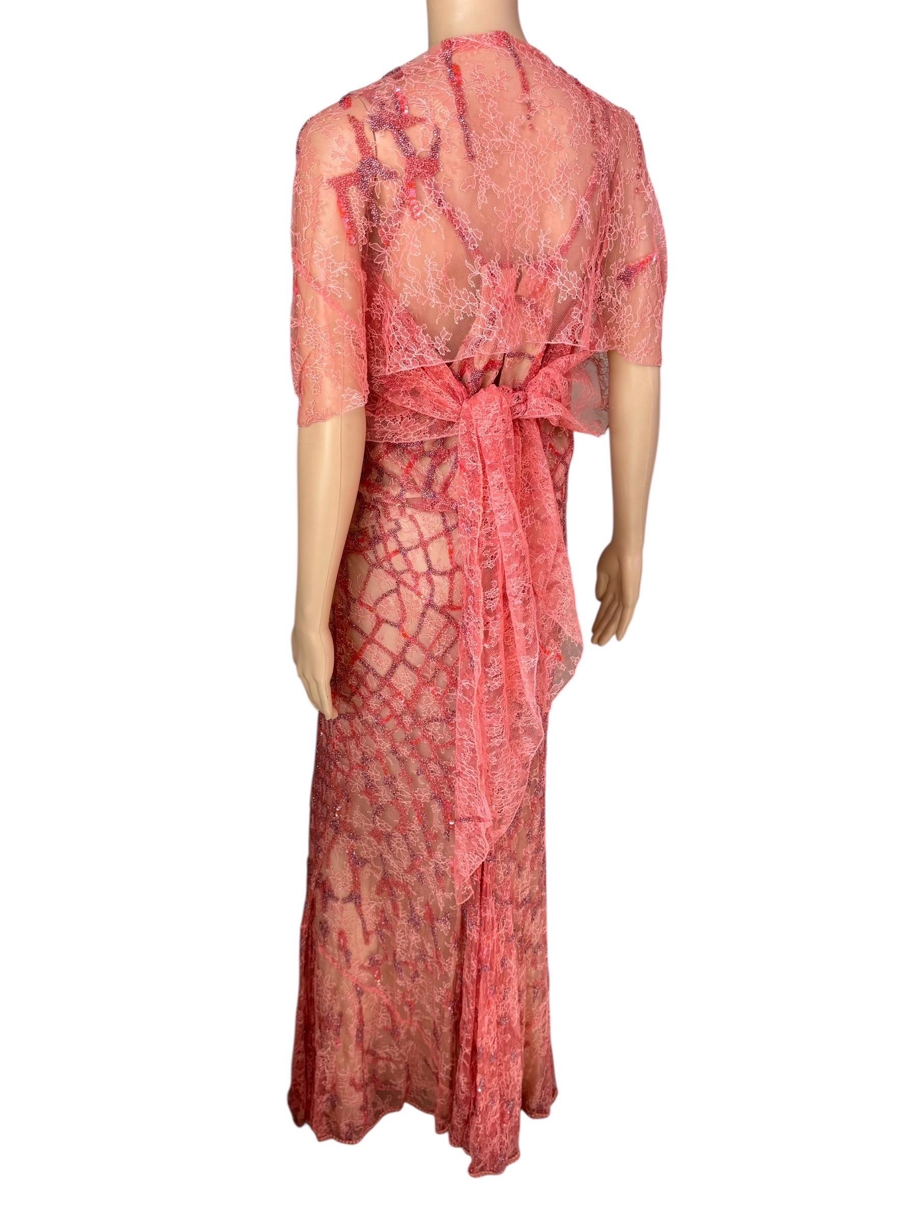 Rose Roberto Cavalli Resort 2014 Embellished Lace Evening Dress and Shawl 2 Piece Set (Ensemble 2 pièces en dentelle ornée) en vente