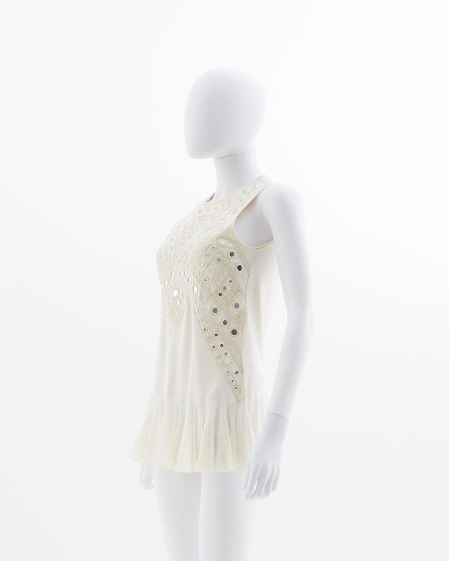 - Designed by Roberto Cavalli
- Sold by Skof.Archive
- Resort 2014 Collection
- Off-white tank top 
- Crewneck 
- The top features mini mirrors and embroideries with a f-lared bottom 
- Good Condition
- Made in Italy
- Materials: 80% Viscose 20%