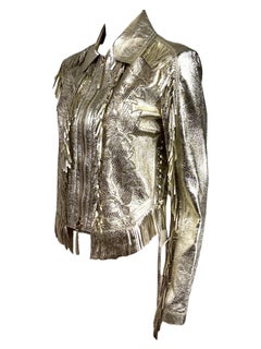 Roberto Cavalli Resort 2016, look n° 4 : veste à franges en cuir d'agneau métallisé doré