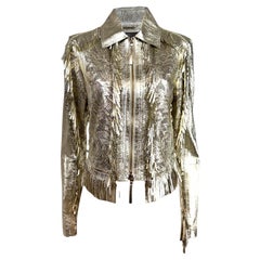 Roberto Cavalli Resort 2016, look n° 4 : veste à franges en cuir d'agneau métallisé doré