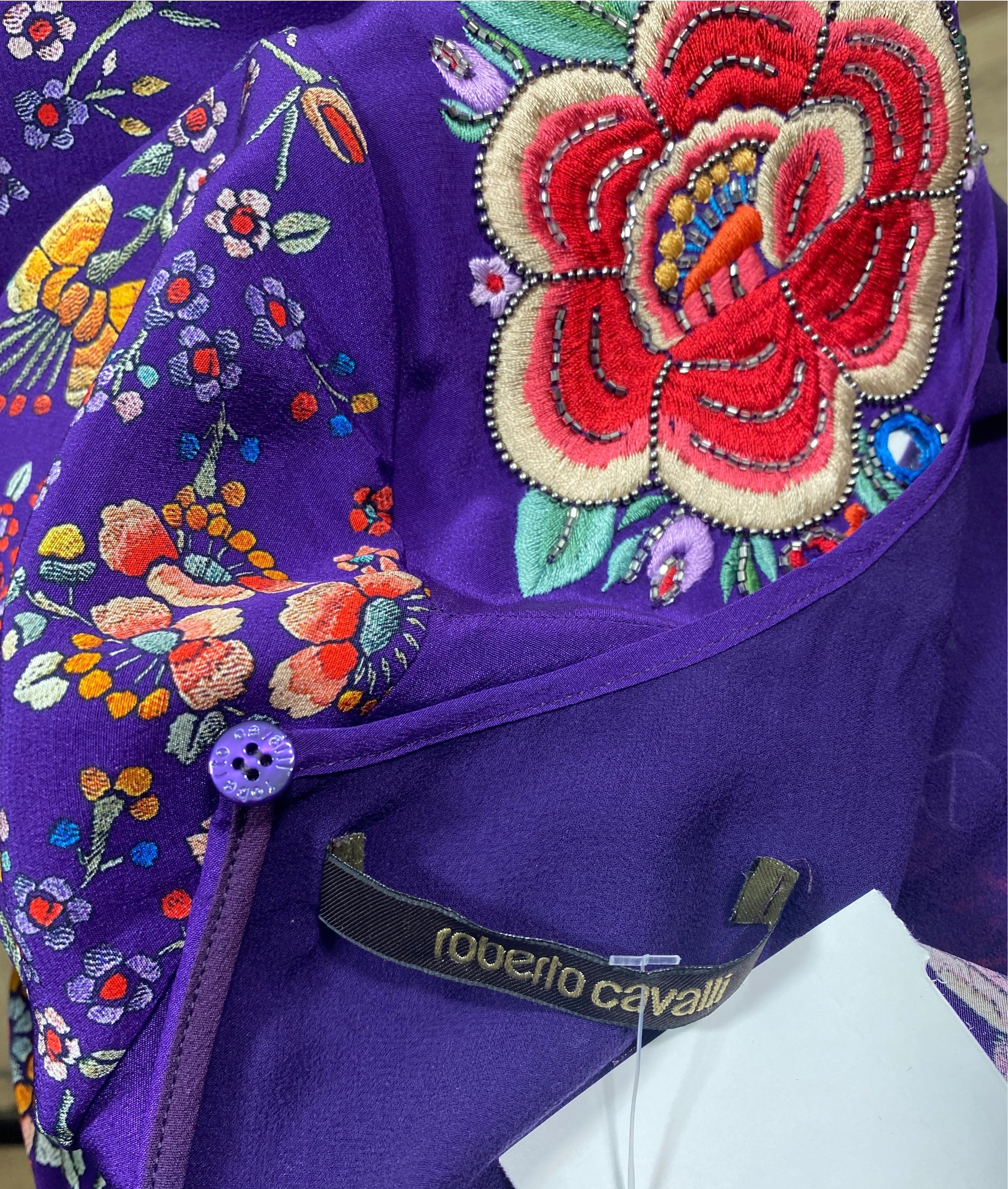 Roberto Cavalli Resort 2017 Purple Multi Embroidered Silk Print Dress-Size 40 For Sale 10