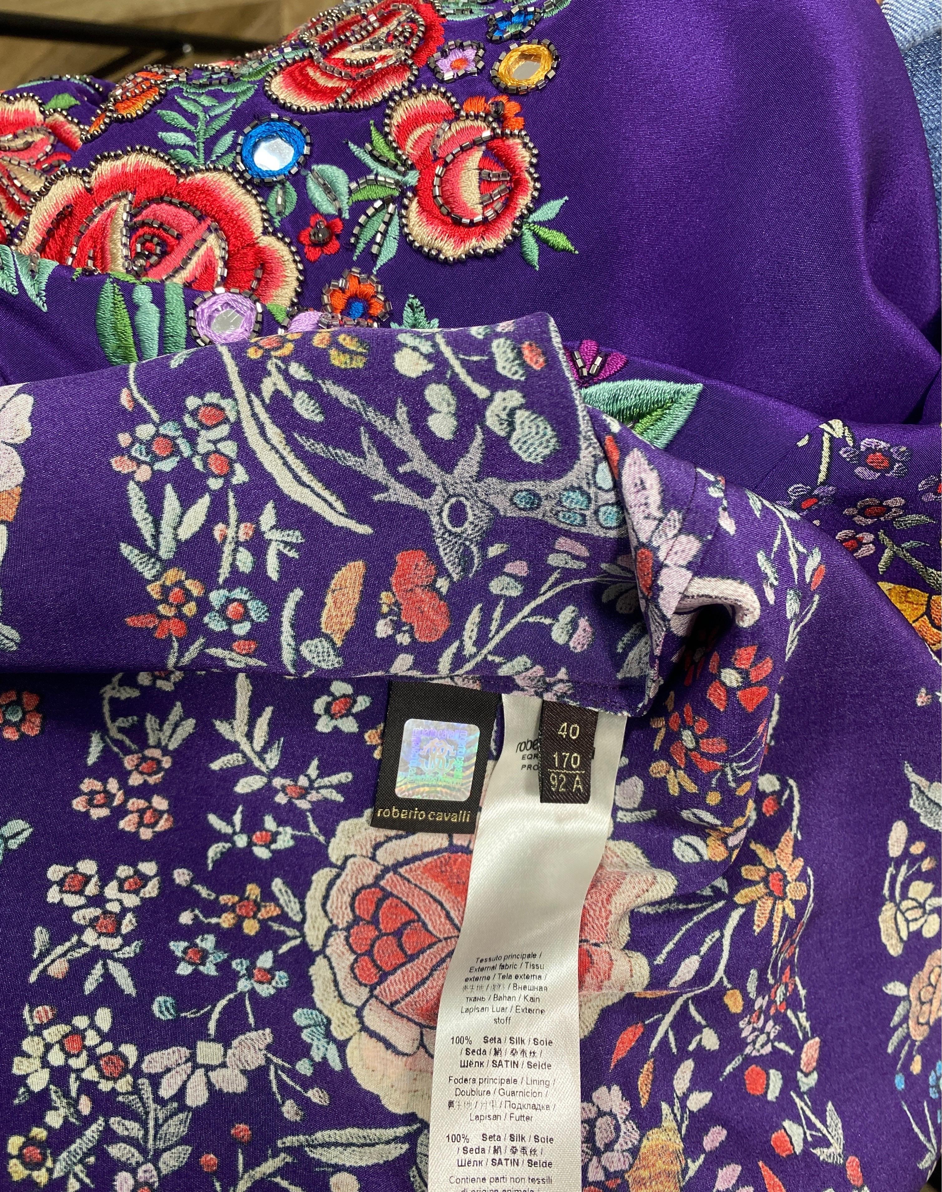 Roberto Cavalli Resort 2017 Purple Multi Embroidered Silk Print Dress-Size 40 For Sale 11