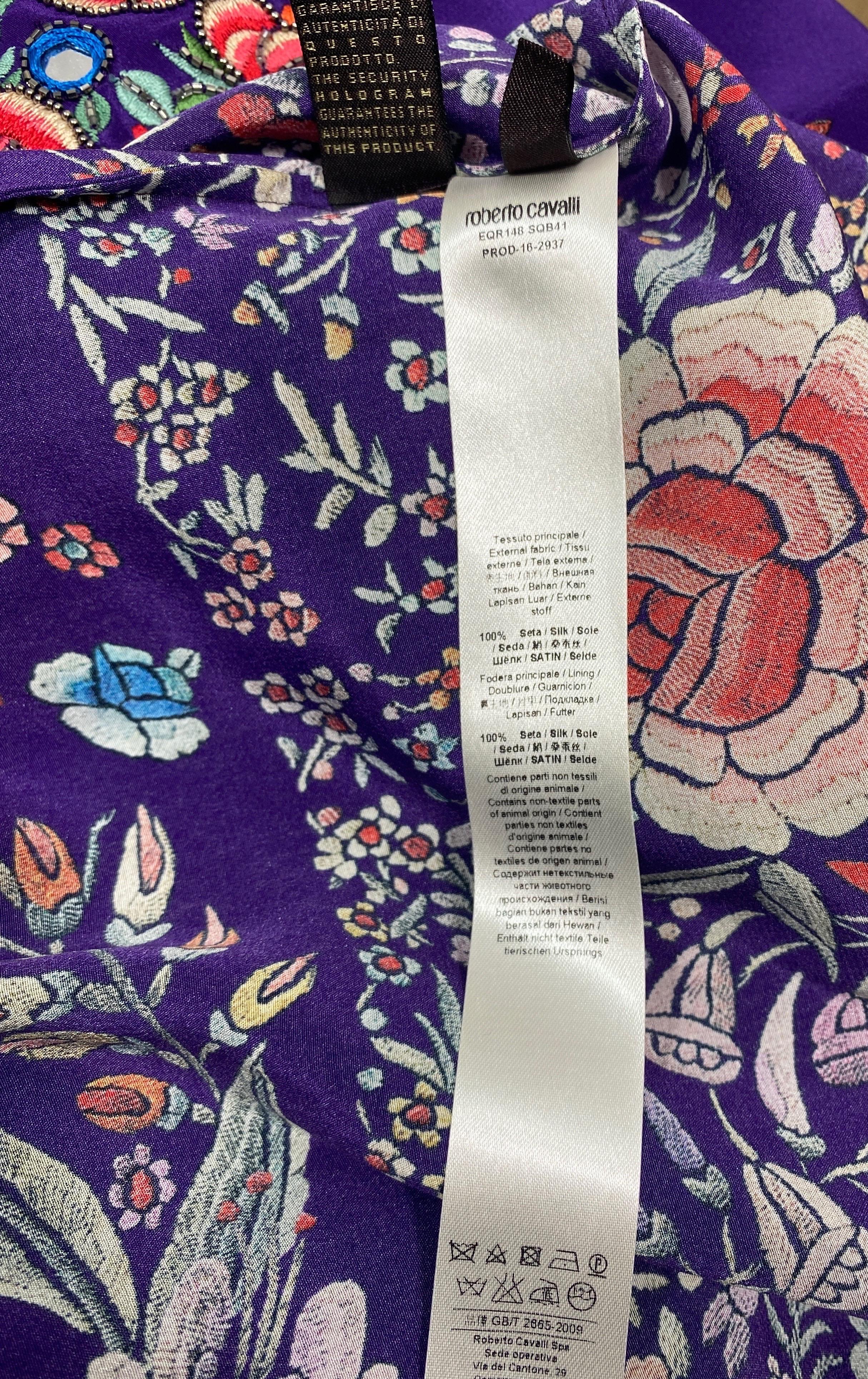 Roberto Cavalli Resort 2017 Purple Multi Embroidered Silk Print Dress-Size 40 For Sale 13