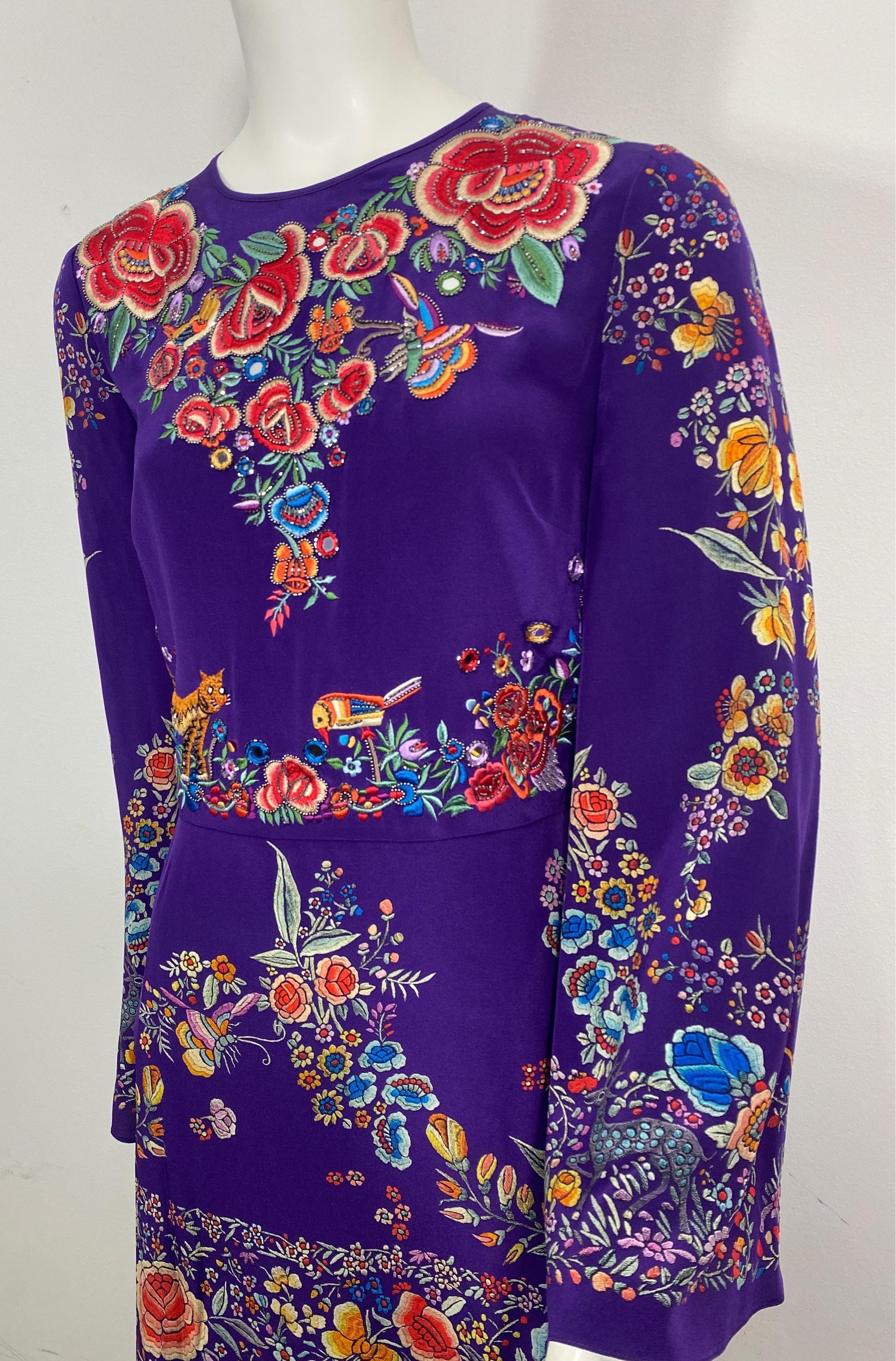 Roberto Cavalli Resort 2017 Purple Multi Embroidered Silk Print Dress-Size 40 In Excellent Condition For Sale In West Palm Beach, FL