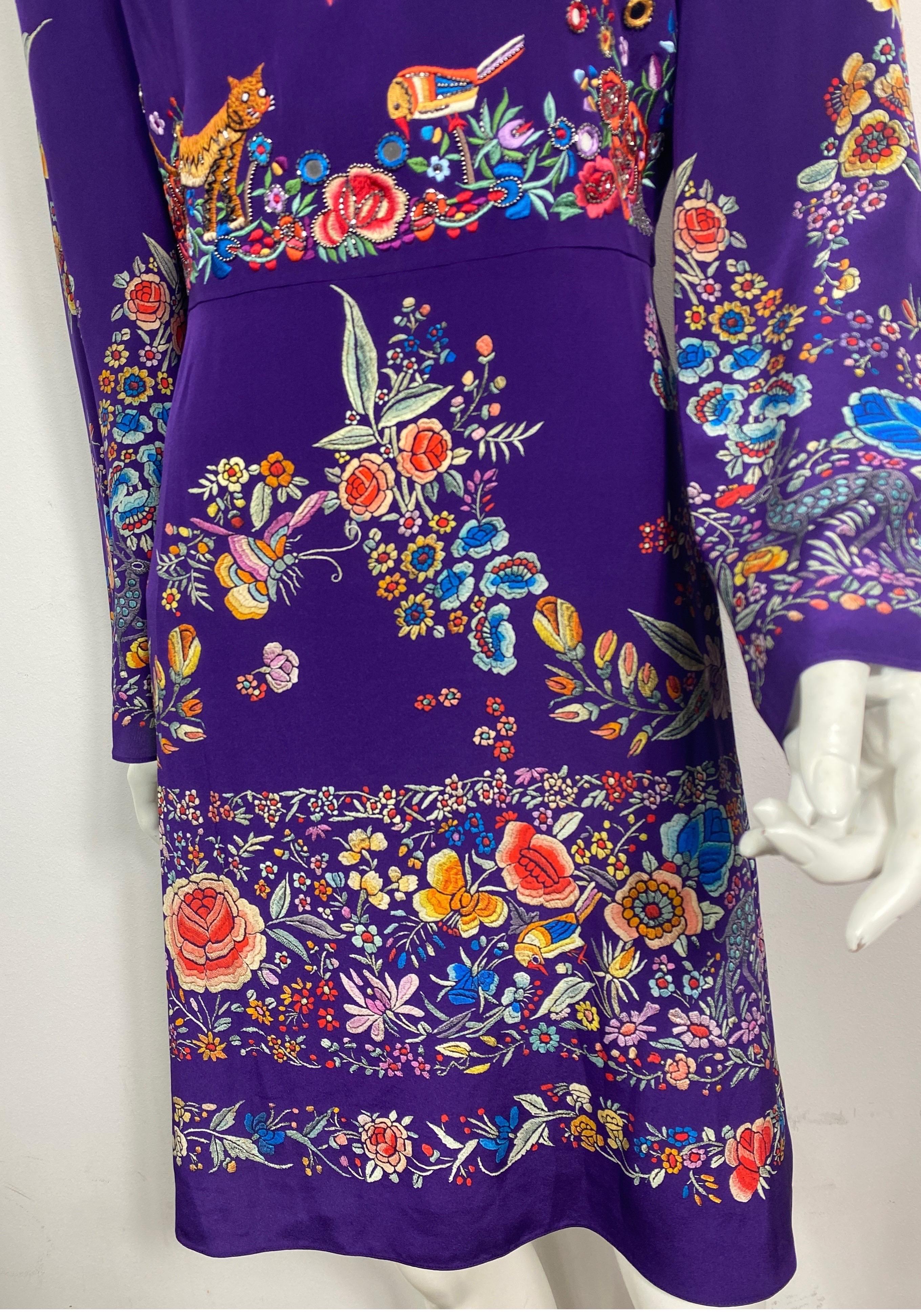 Women's Roberto Cavalli Resort 2017 Purple Multi Embroidered Silk Print Dress-Size 40 For Sale