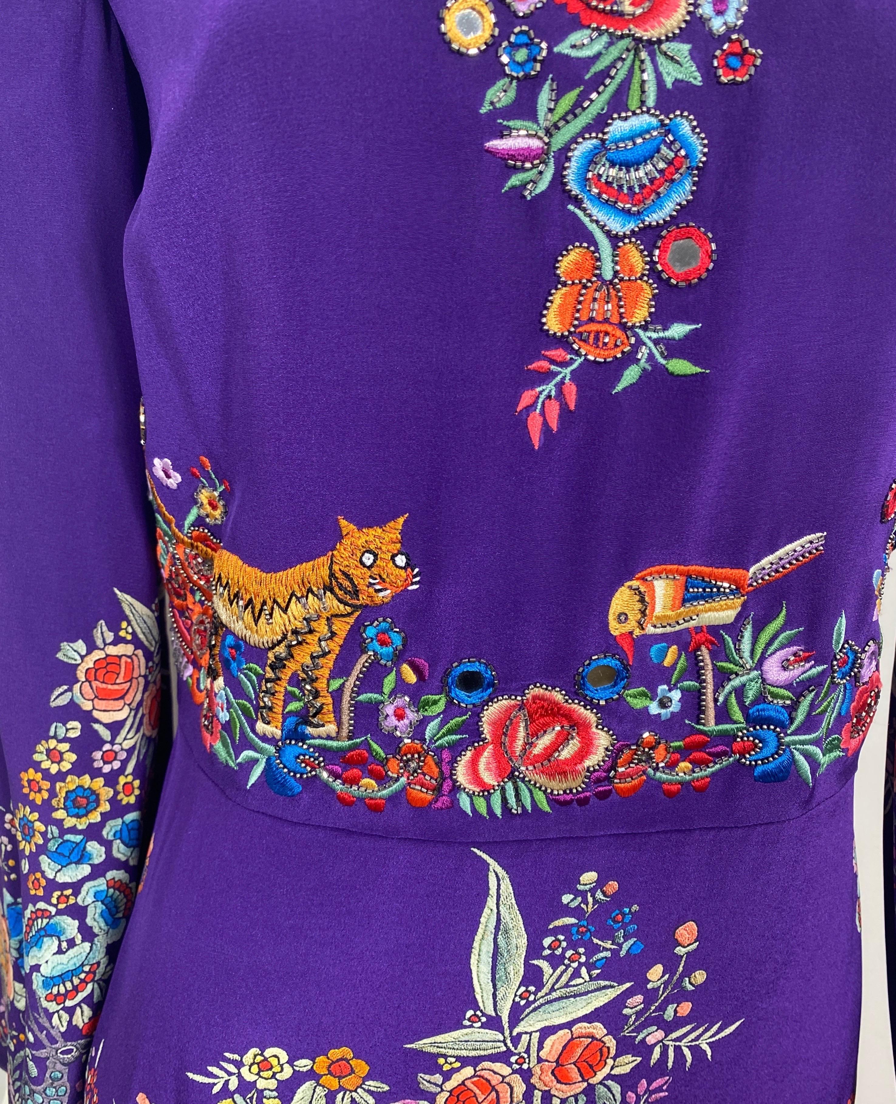 Roberto Cavalli Resort 2017 Purple Multi Embroidered Silk Print Dress-Size 40 For Sale 1