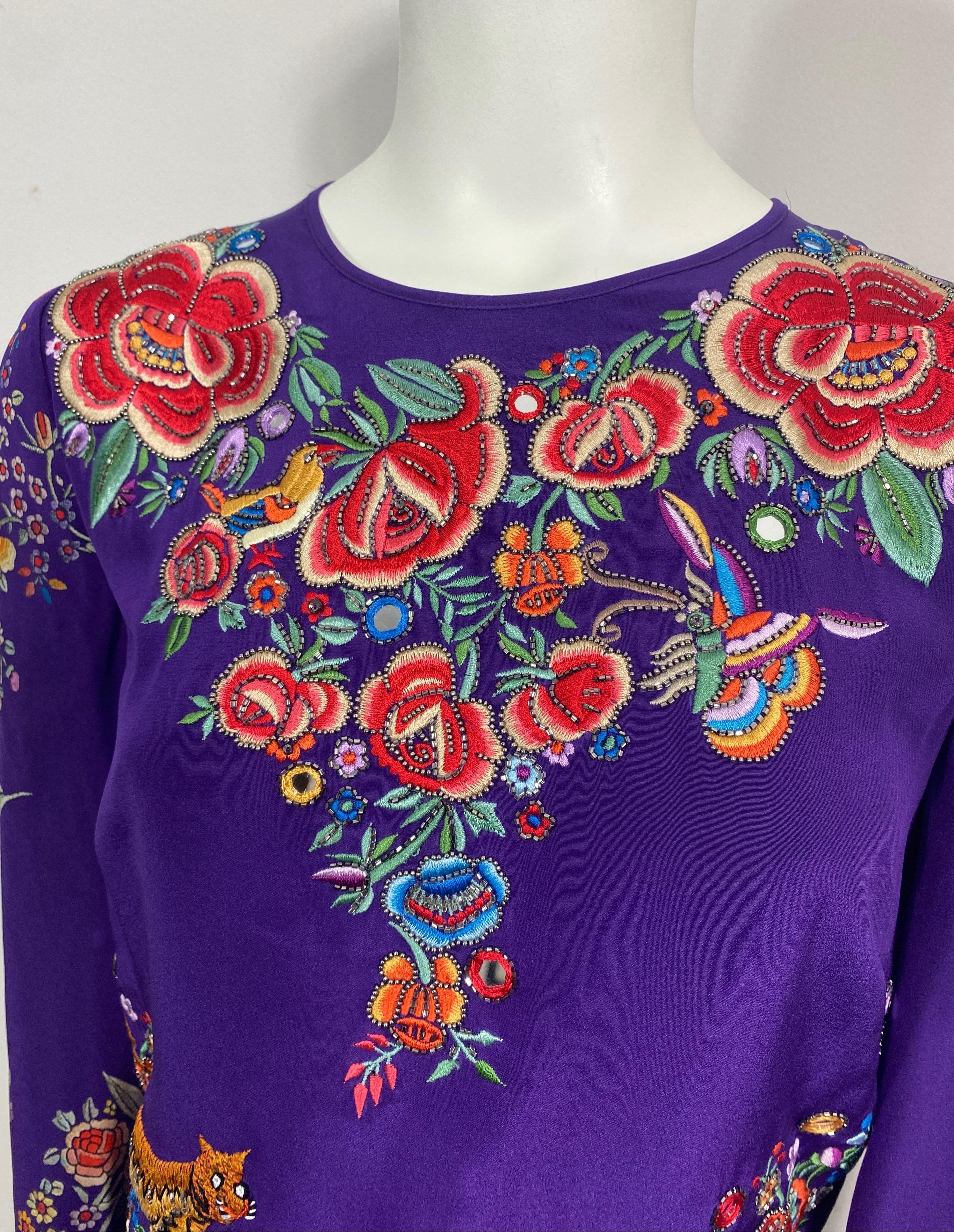 Roberto Cavalli Resort 2017 Purple Multi Embroidered Silk Print Dress-Size 40 For Sale 2