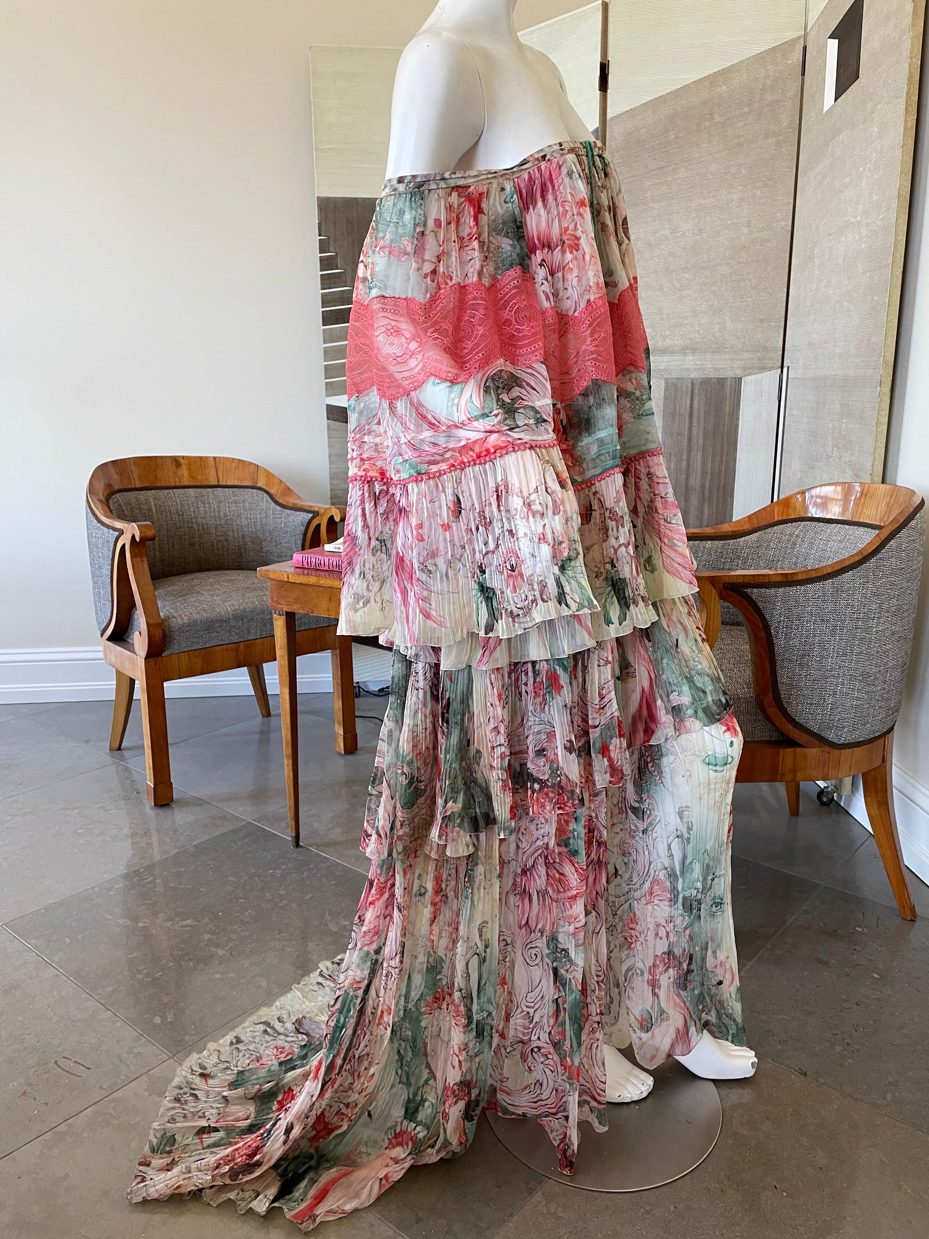 Roberto Cavalli Romantic Vintage SIlk Off the Shoulder Rich Hippie Dress In Excellent Condition For Sale In Cloverdale, CA