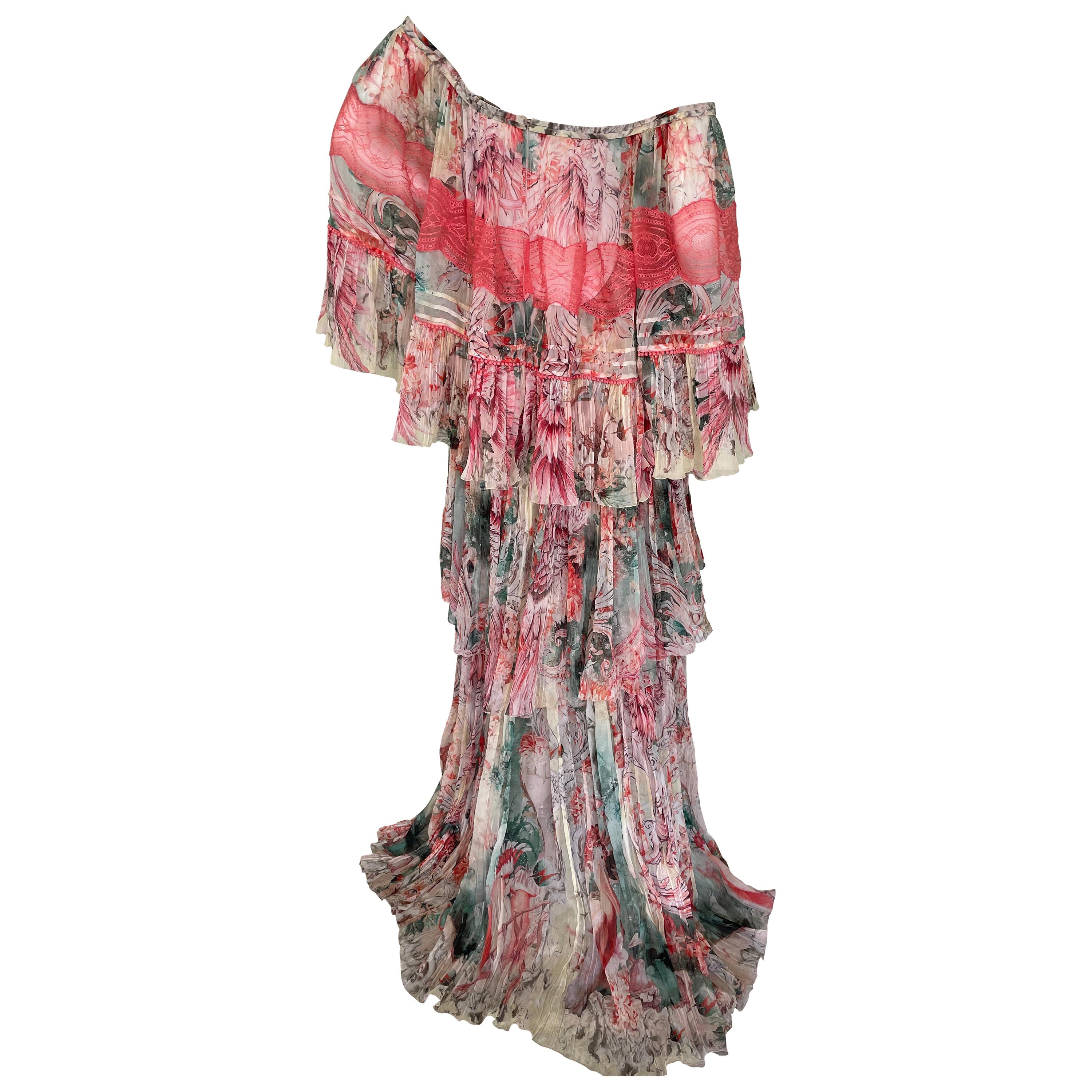 Roberto Cavalli Romantic Vintage SIlk Off the Shoulder Rich Hippie Dress For Sale