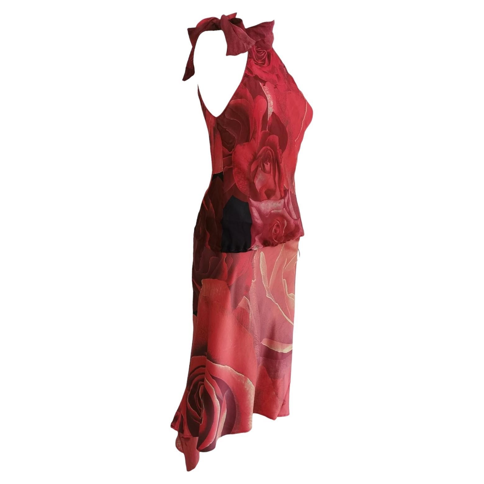 Roberto Cavalli rose print silk set, SS 2000 For Sale
