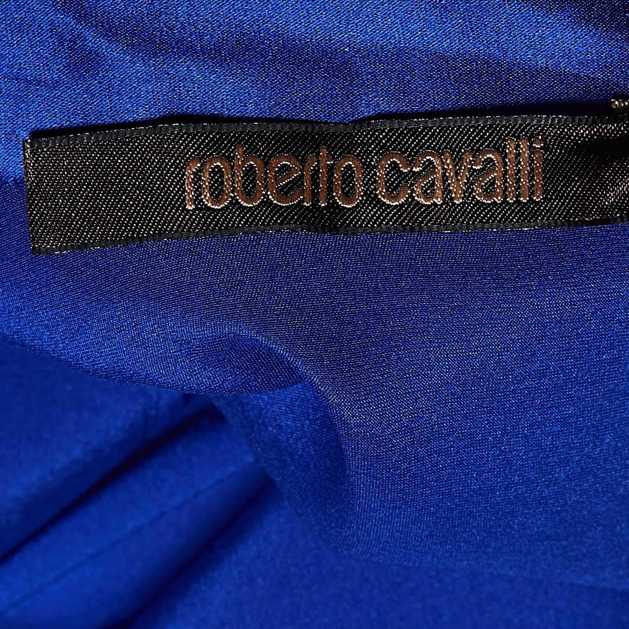 Women's Roberto Cavalli Royal Blue Silk Satin Short Sleeve Shirt S For Sale