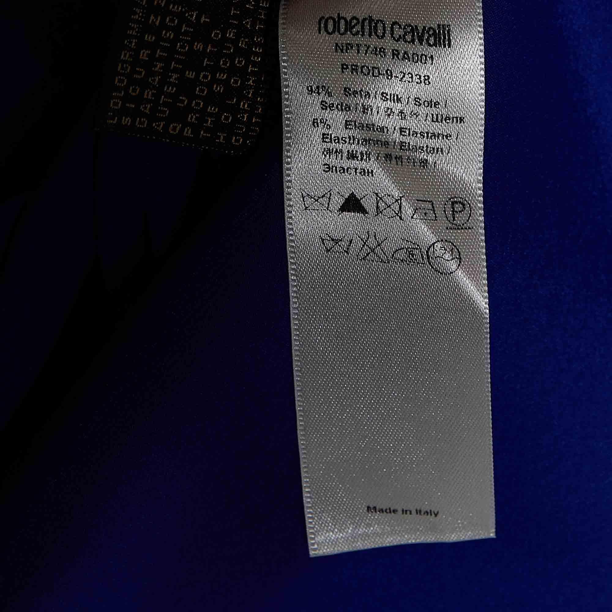 Roberto Cavalli Royal Blue Silk Satin Short Sleeve Shirt S For Sale 1