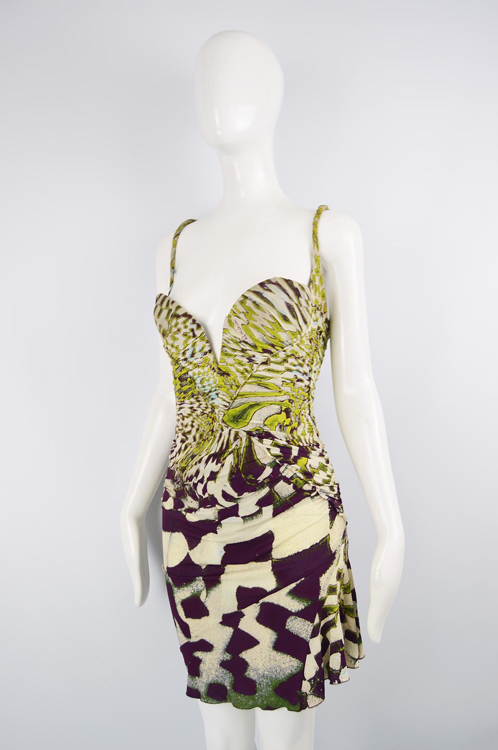 Beige Roberto Cavalli Ruched Boned Geometric Patterned Draped Corset Dress , A/W 2003