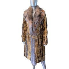 Roberto Cavalli Runway Collection Fox Fur & Silk Print Chain Puffer Coat Size 8