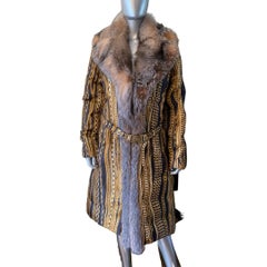 Roberto Cavalli Runway Collection Fox Fur & Silk Print Chain Puffer Coat Size 8